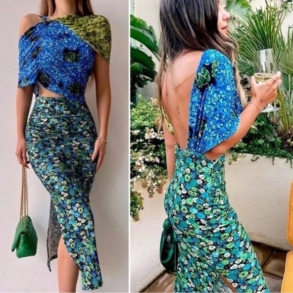 Zara Floral Midi Dress Stretch Asymmetrical Blue Green Print Blogger Fave SizeXS - Picture 2 of 16
